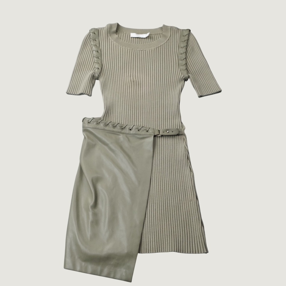 Jonathan Simkhai Ribbed Knit Faux Leather Wrap Mini Dress S Olive Green